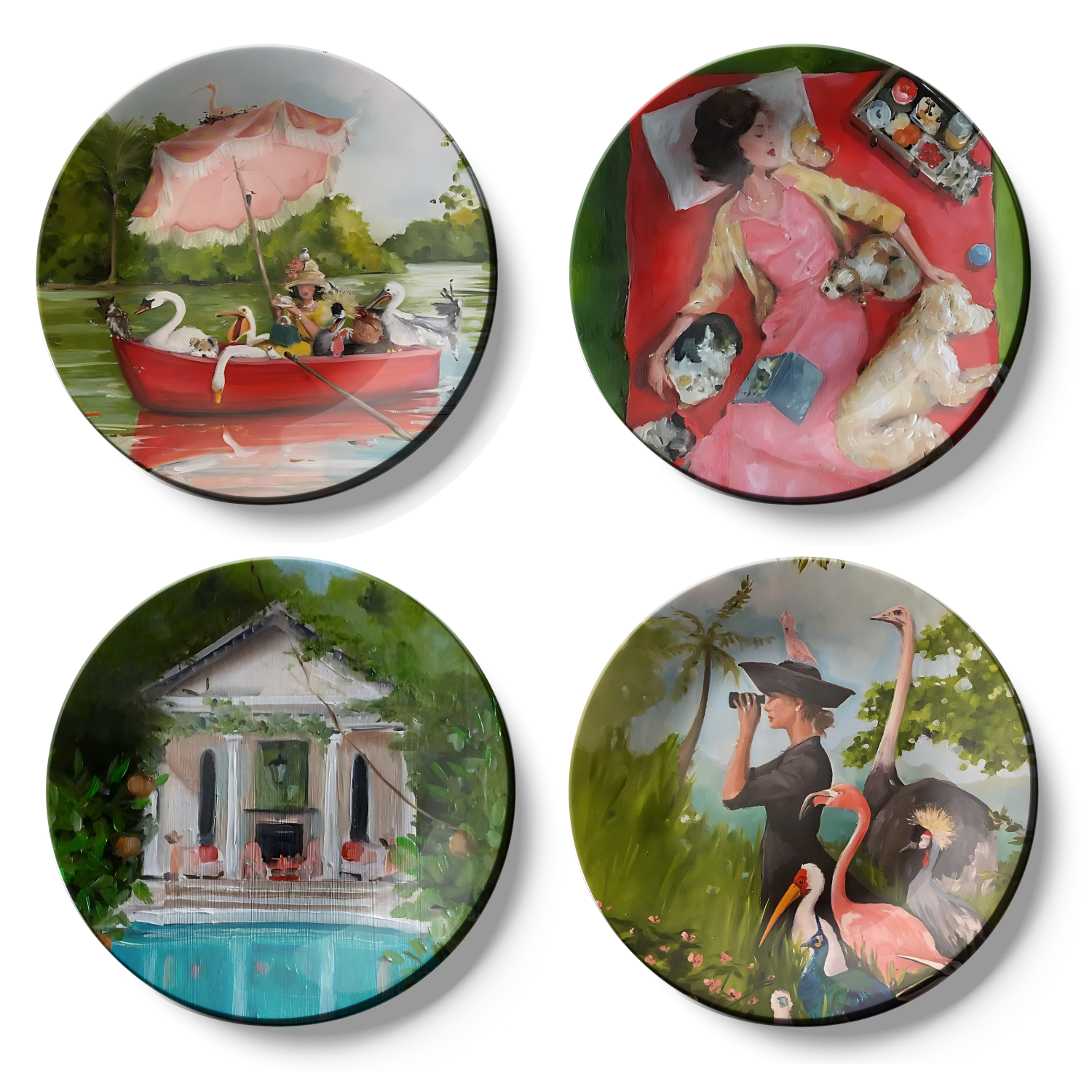 decorative set of 4 poolside, urban lady, boat and sleeping women hanging wall plates