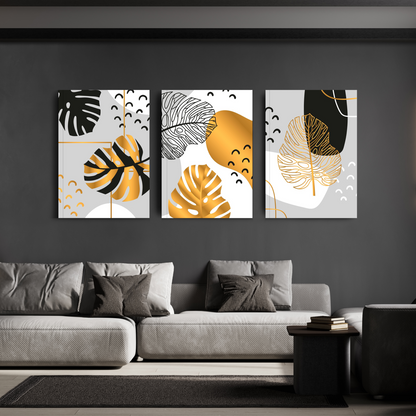 Gold Tropical Leaf Wood Print Wall Art Set of 3