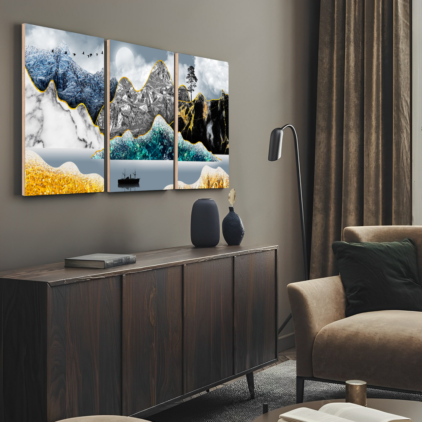 Golden Line Mountains Wood Print Wall Art Set of 3