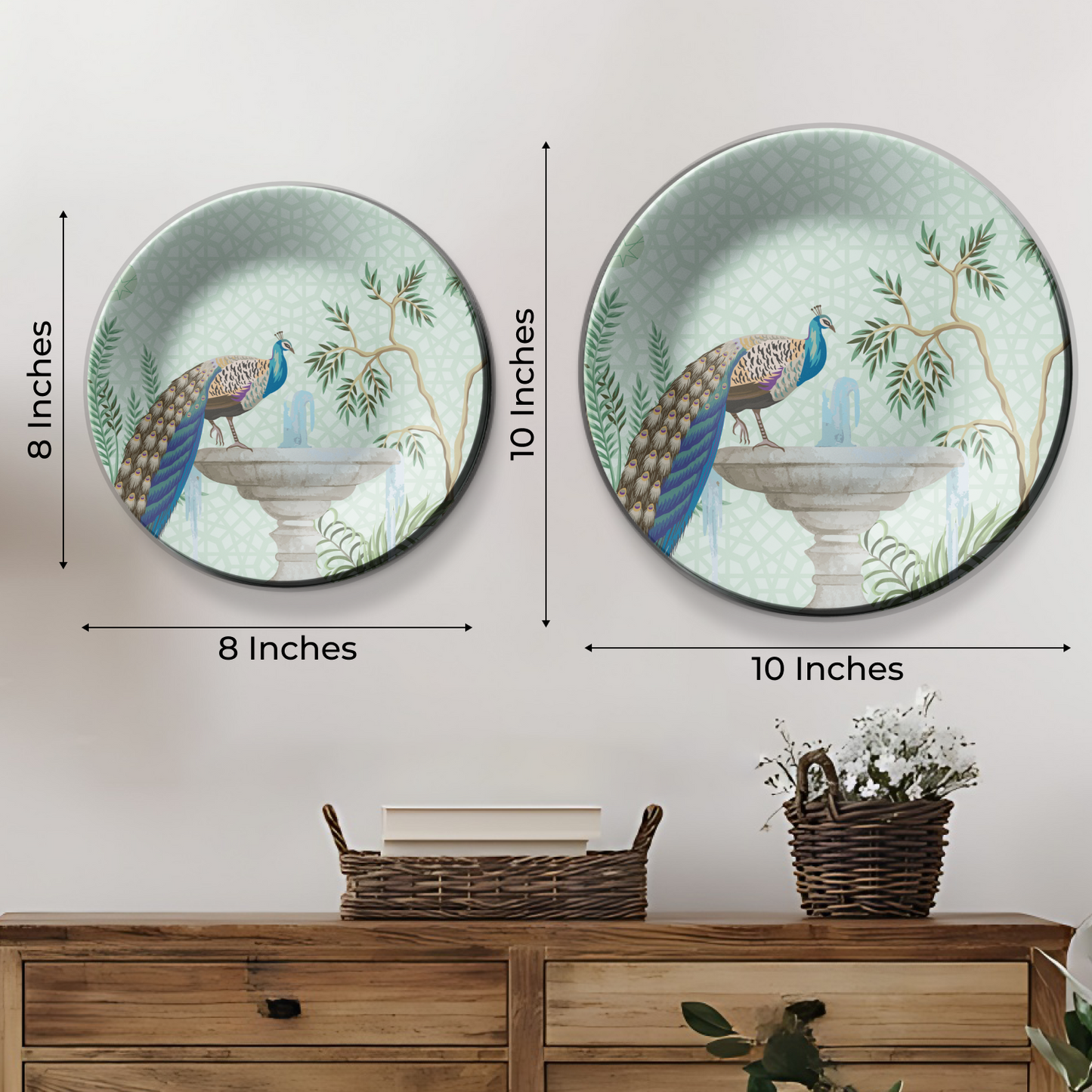 Unique peacock-themed ceramic hanging plates on wall