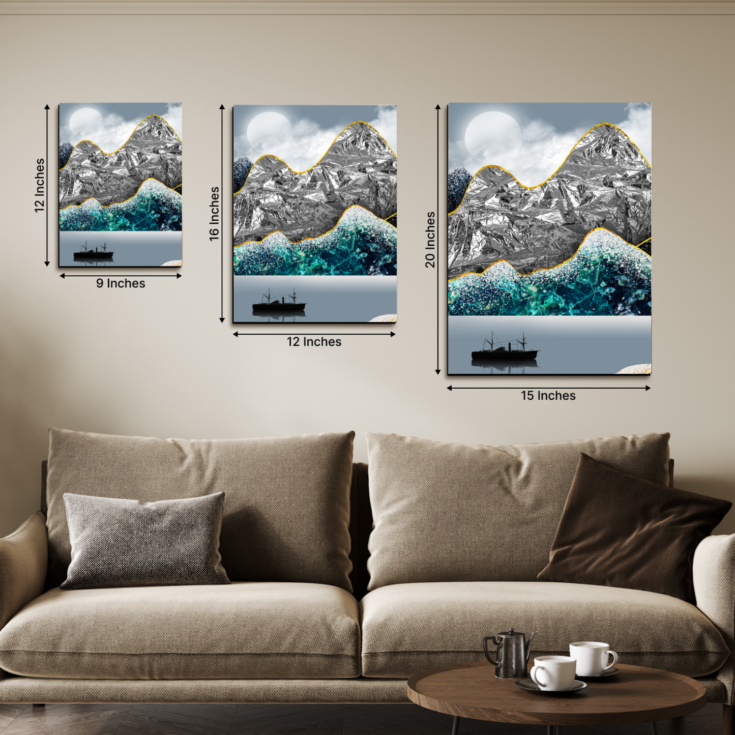 Golden Line Mountains Wood Print Wall Art Set of 3