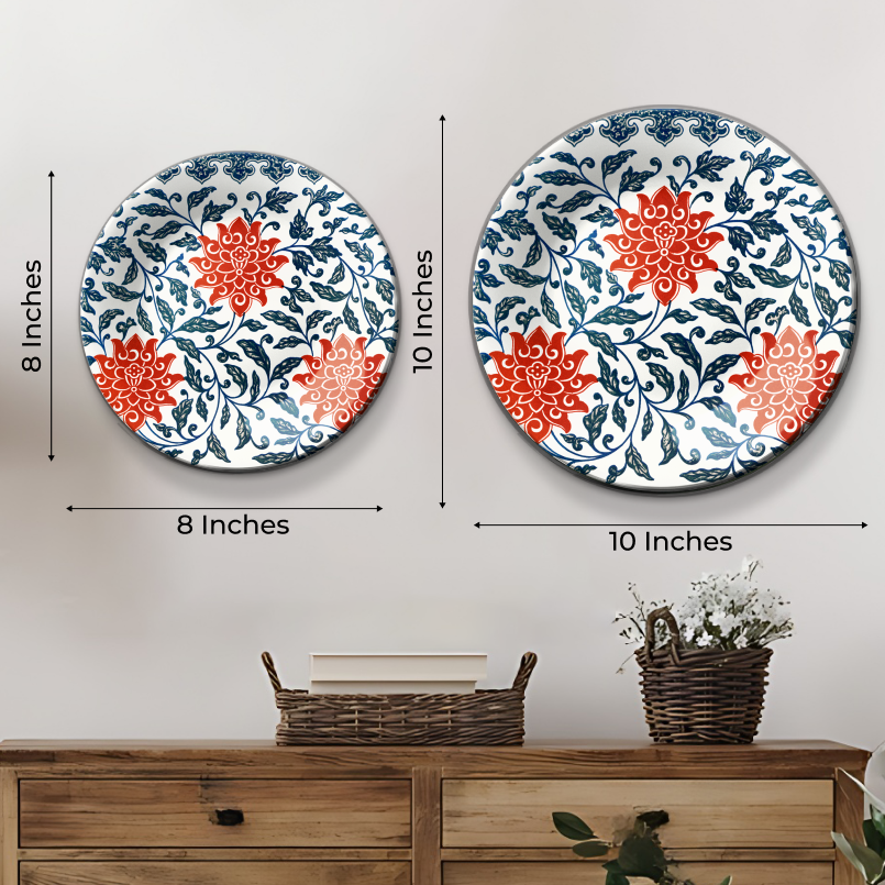 Blue and Red Floral Ceramic Wall Plate For Home Décor