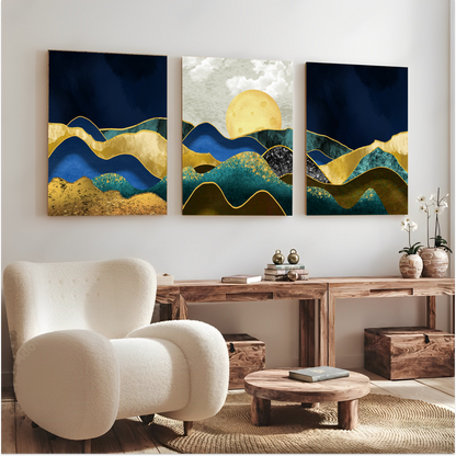 Blue & Gold Landscape Wood Print Wall Art Set of 3