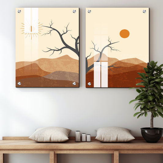 Sunset and Sunrise Boho Wood Print Wall Art Set of 2