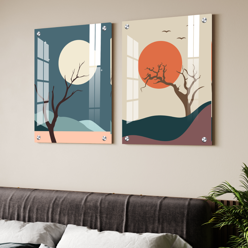 Tree, Sun and Moon Abstract Wood Print Wall Art Set of 2