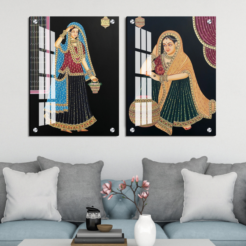 Traditional Women Royal Wood Print Wall Art Set of 2