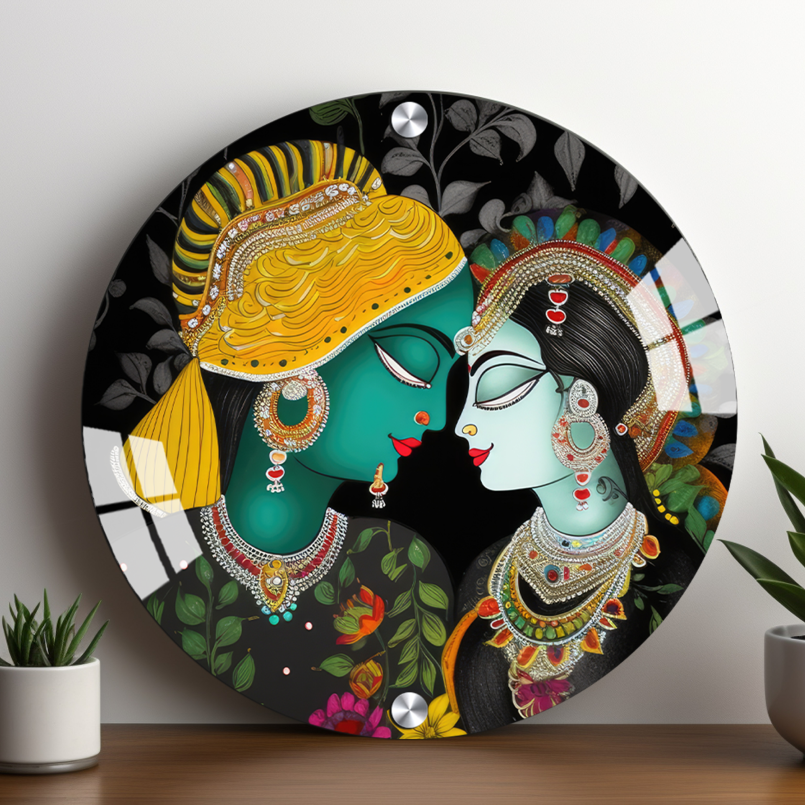 Radha Krishna Colorful Round Wood Print Wall Art