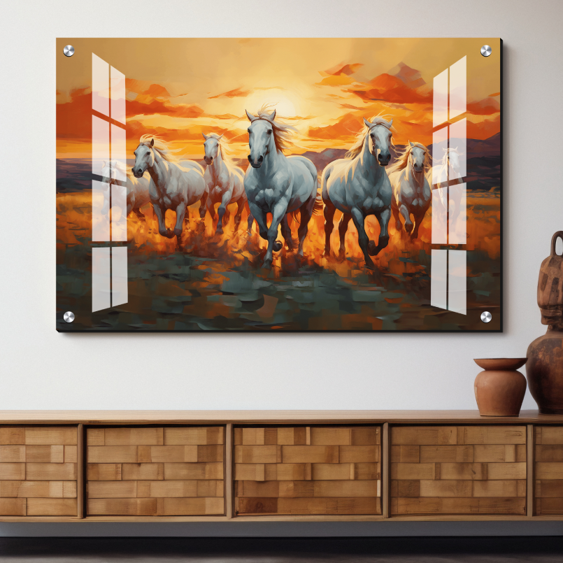 Seven White Horses Running Wood Print Wall Art