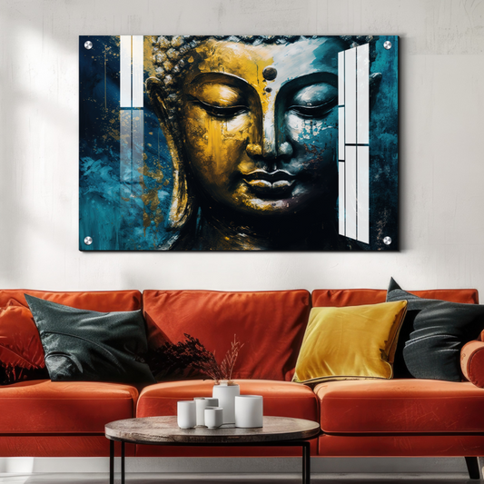 Meditating Buddha Gold & Blue Brush Paint Wood Print Wall Art