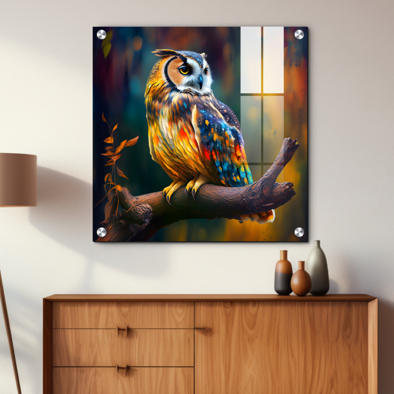 Owl Sitting on Branch Wood Print Wall Art