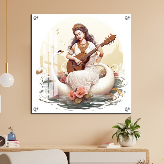 Goddess Saraswati Playing With Veena Wood Print Wall Art