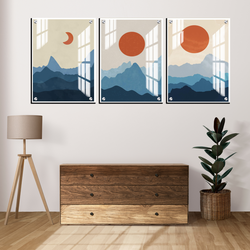 Blue Moon Phase Abstract Boho Wood Print Wall Art Set of 3