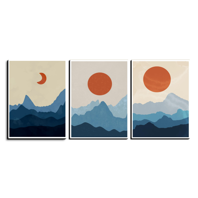 Blue Moon Phase Abstract Boho Wood Print Wall Art Set of 3