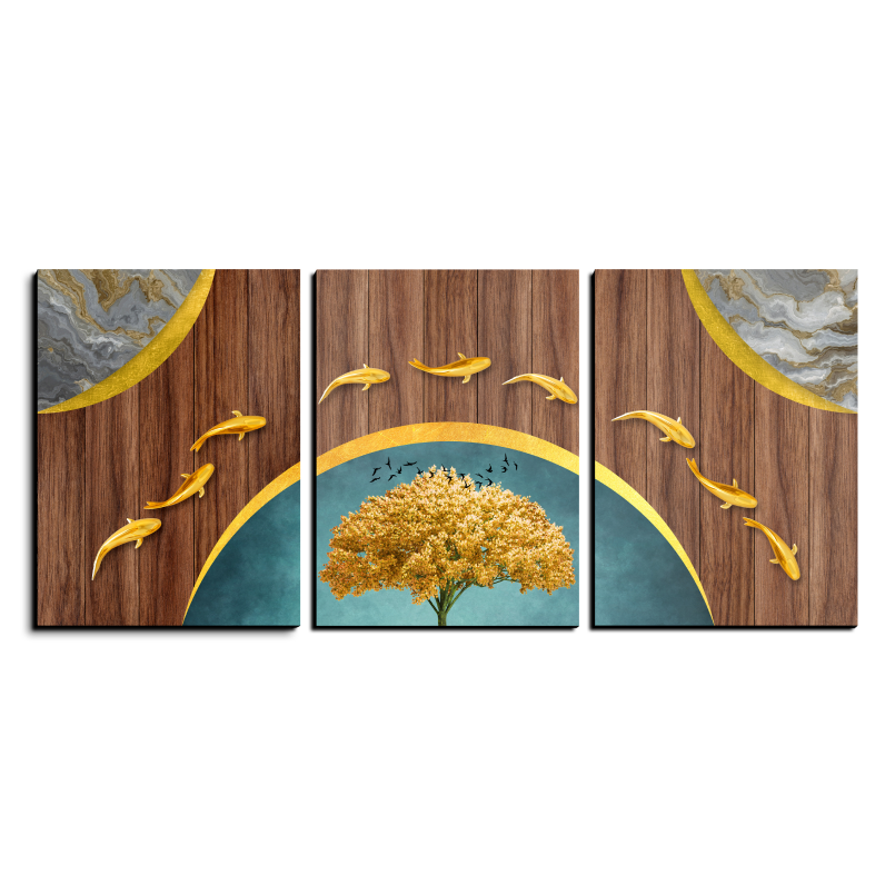 Lucky Gold Fishes Wood Print Wall Art Set of 3