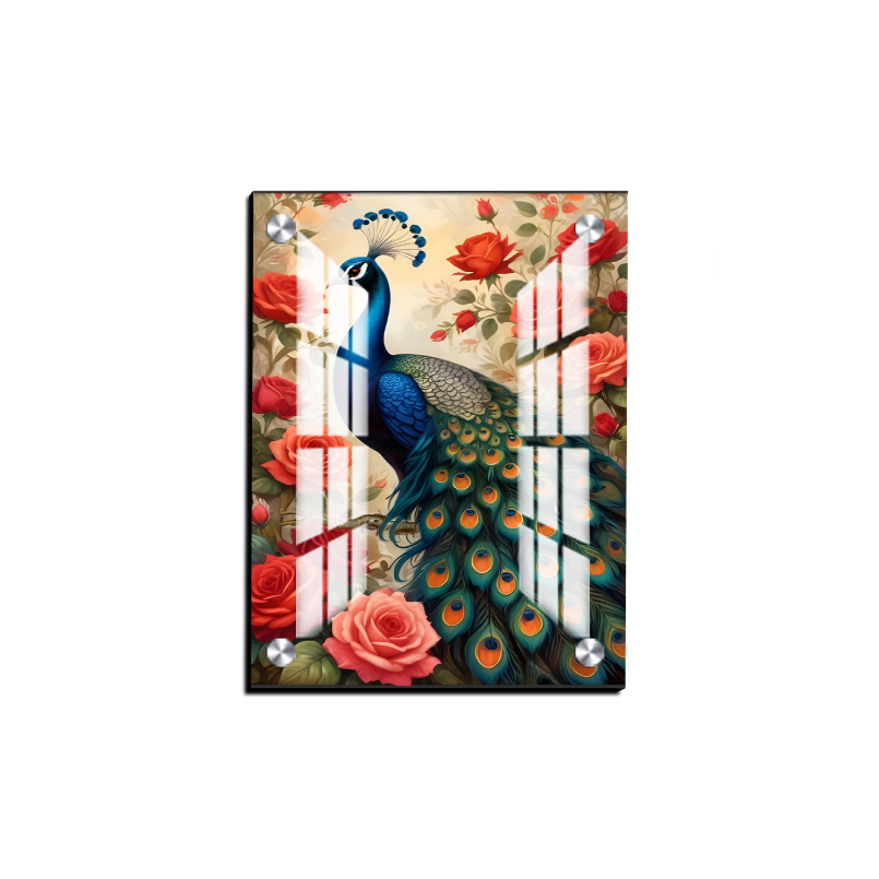 Colorful Peacock and Roses Wood and Acrylic Print Wall Art