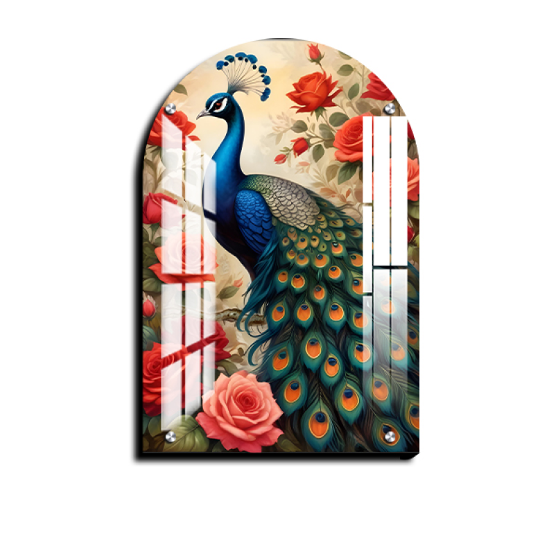 Colorful Peacock and Roses Archshape Wood Print Wall Art