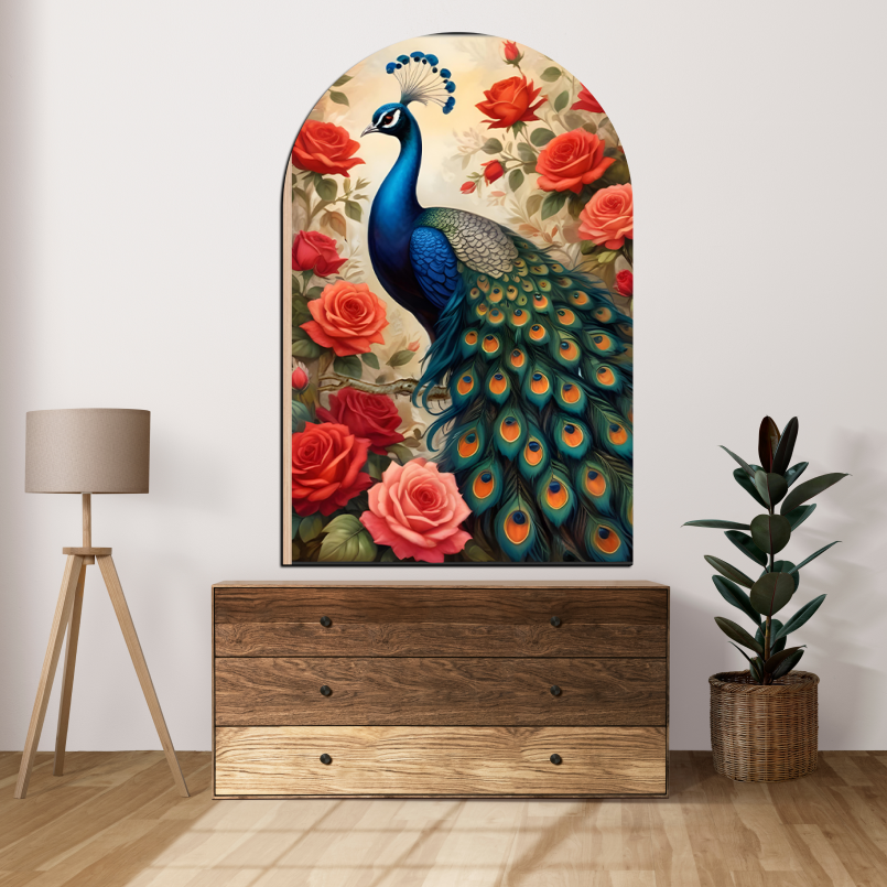 Colorful Peacock and Roses Archshape Wood Print Wall Art