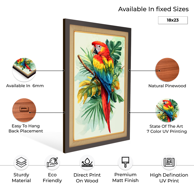 Colorful Parrot Bird On Branch Wood Print Wall Art 18x23 Inches