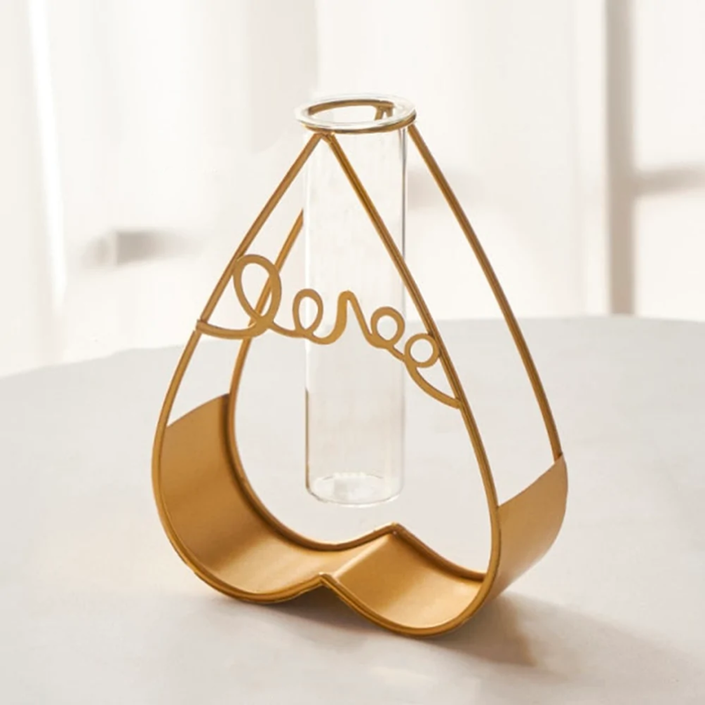 Gold Metal Heart Glass Flower Vase