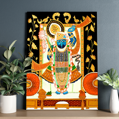 Shrinath Ji Pichwai Wood Print Wall Art Black & Gold