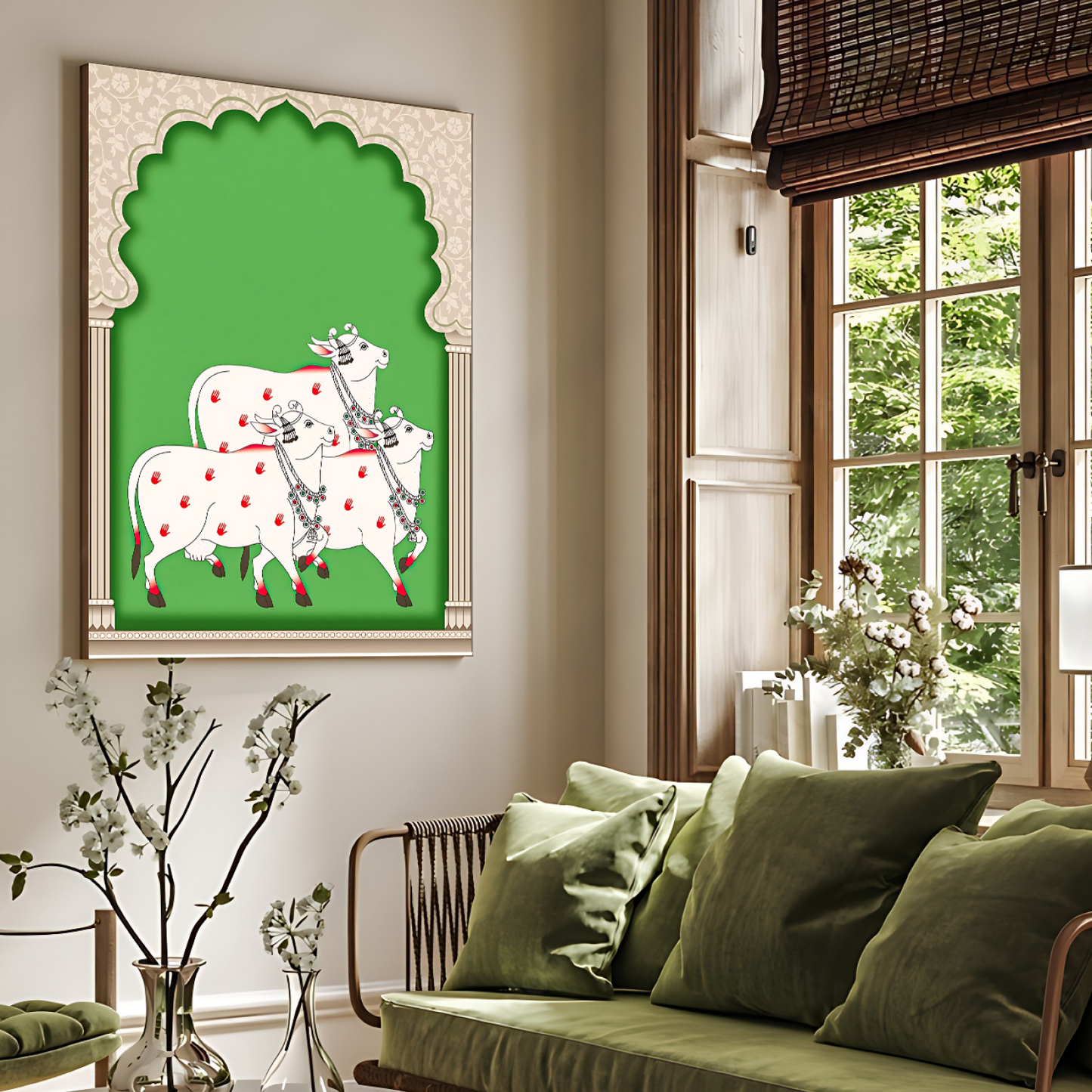 Sacred Cow Pichwai Wood Print Wall Art Green