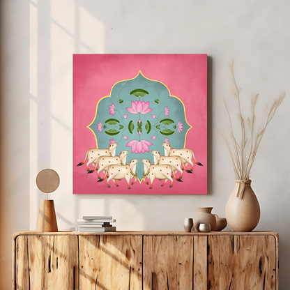 Sacred Cow Pichwai Wood Print Wall Art Pink