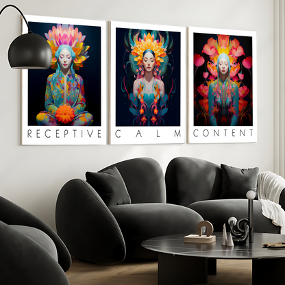 Set Of 3 Calm, Content, Receptive Spiritual Yoga Studio Wood Print Wall Art