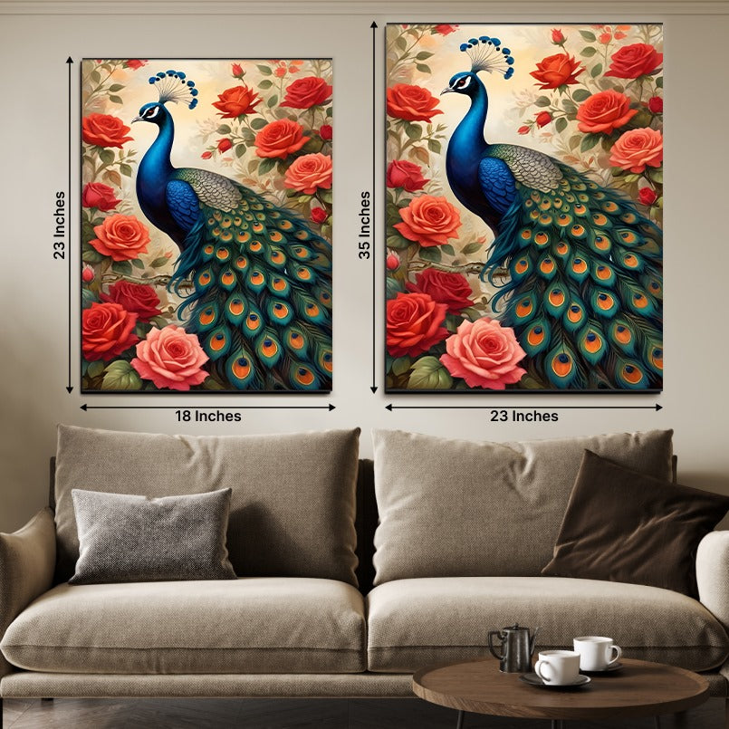 Colorful Peacock and Roses Wood and Acrylic Print Wall Art