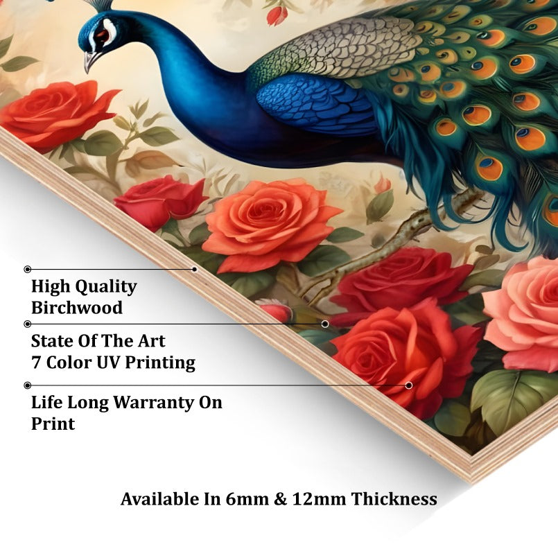 Colorful Peacock and Roses Wood and Acrylic Print Wall Art