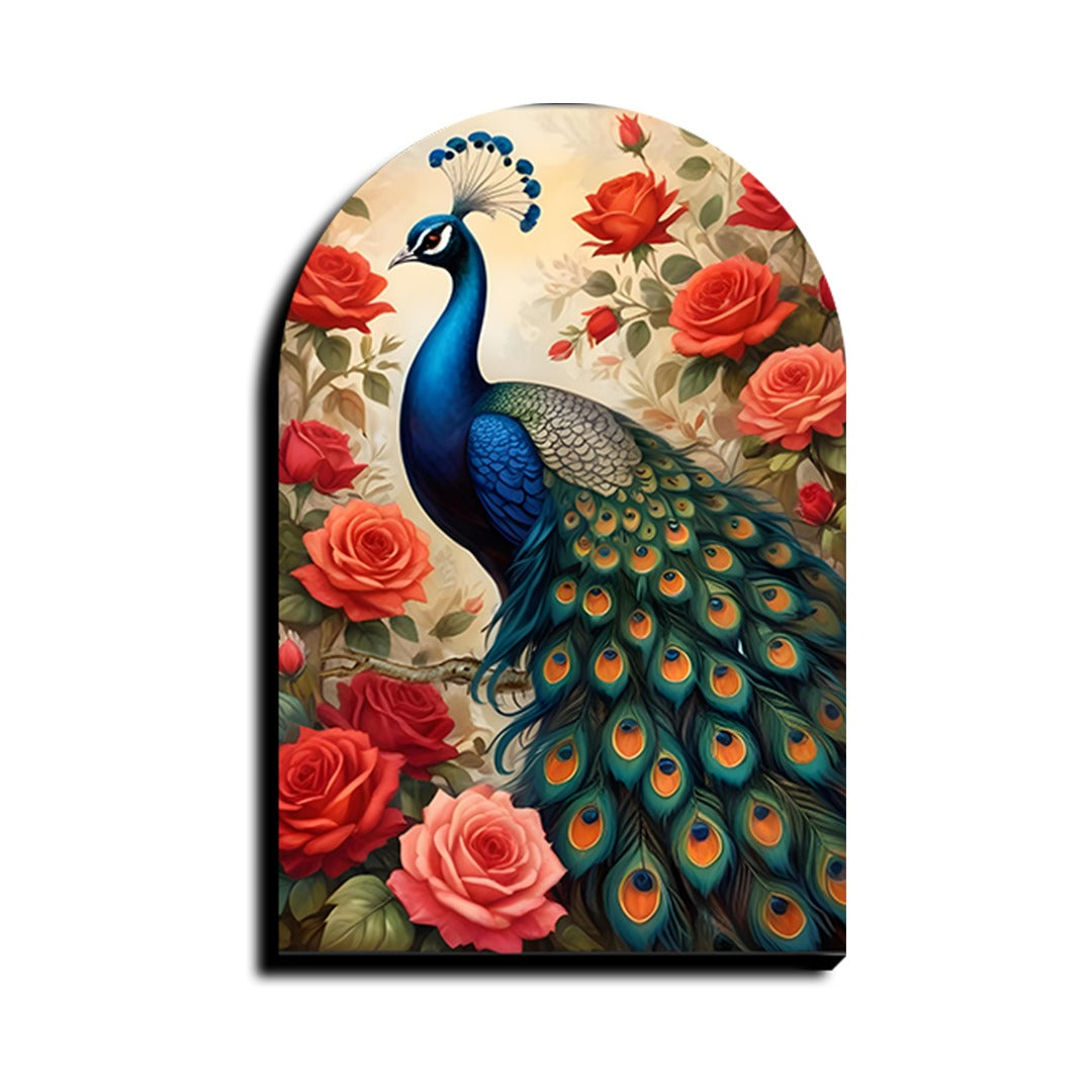 Colorful Peacock and Roses Archshape Wood Print Wall Art