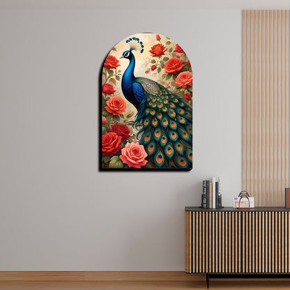 Colorful Peacock and Roses Archshape Wood Print Wall Art