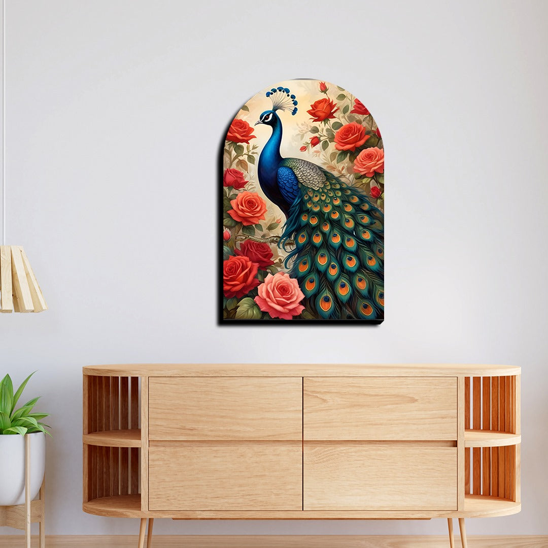 Colorful Peacock and Roses Archshape Wood Print Wall Art