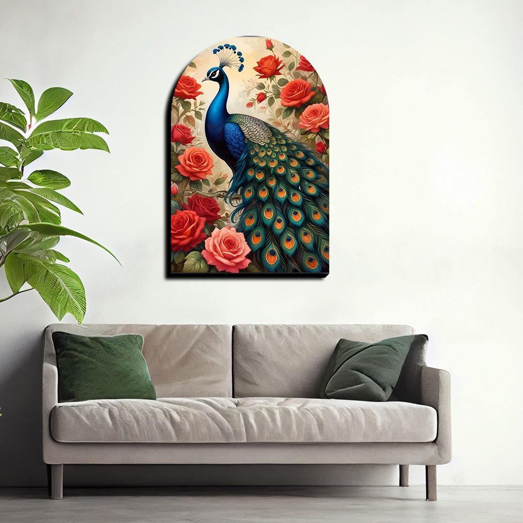 Colorful Peacock and Roses Archshape Wood Print Wall Art