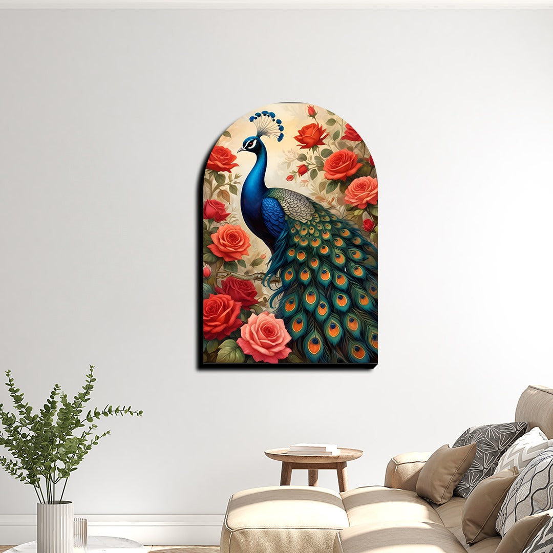 Colorful Peacock and Roses Archshape Wood Print Wall Art