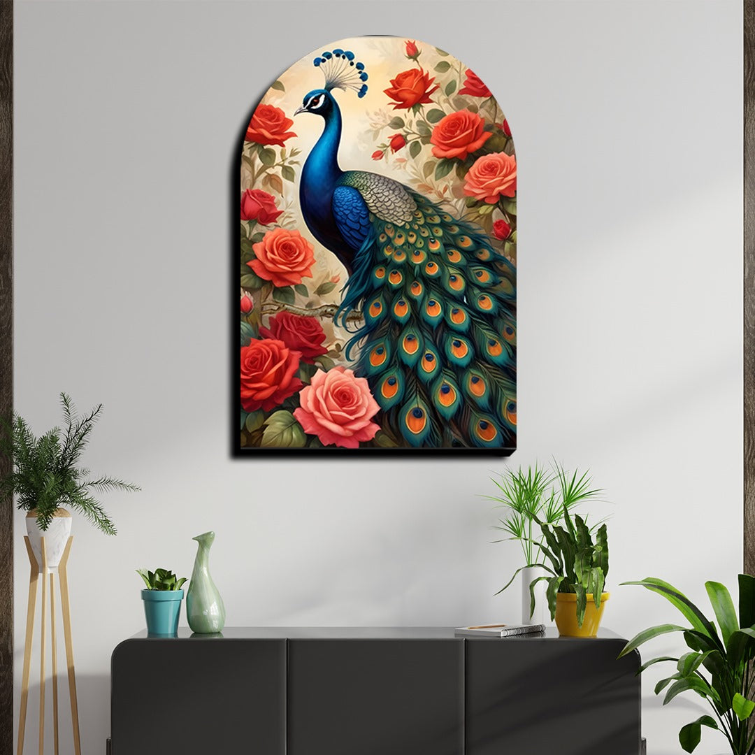 Colorful Peacock and Roses Archshape Wood Print Wall Art