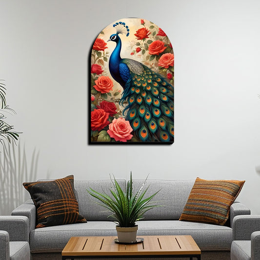 Colorful Peacock and Roses Archshape Wood Print Wall Art