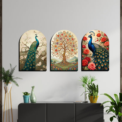 Set of 3 Peacock and Tree Wood Print Wall Art