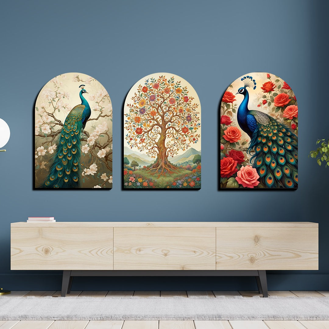 Set of 3 Peacock and Tree Wood Print Wall Art