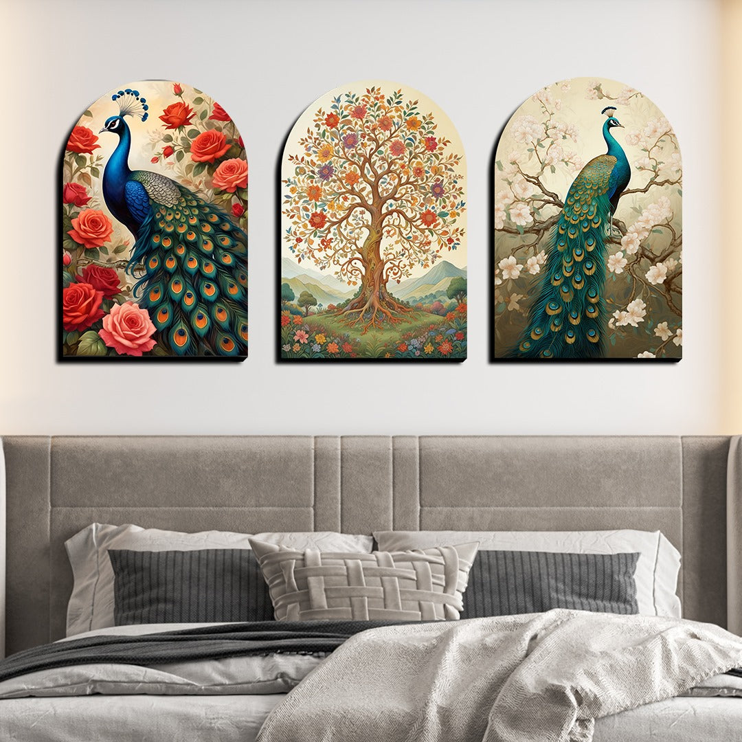 Set of 3 Peacock and Tree Wood Print Wall Art