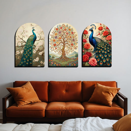 Set of 3 Peacock and Tree Wood Print Wall Art