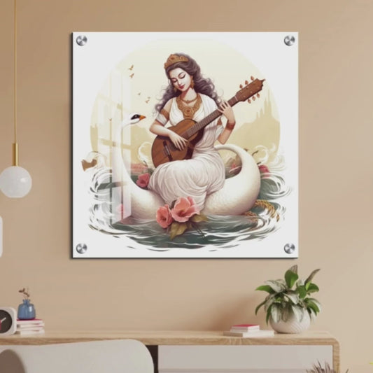 Goddess Saraswati Playing With Veena Wood Print Wall Art