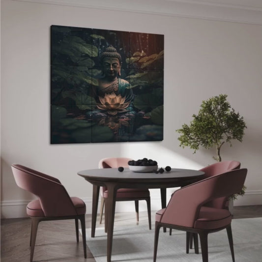 Buddha Meditating in Dark Wood Print Wooden Wall Tiles Set