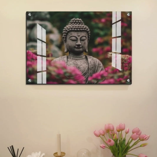 Buddha Meditating Statue in Nature Wood Print Wall Art