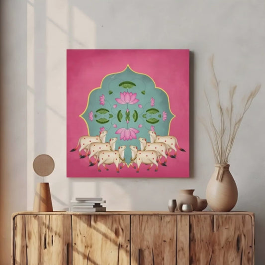 Sacred Cow Pichwai Wood Print Wall Art Pink