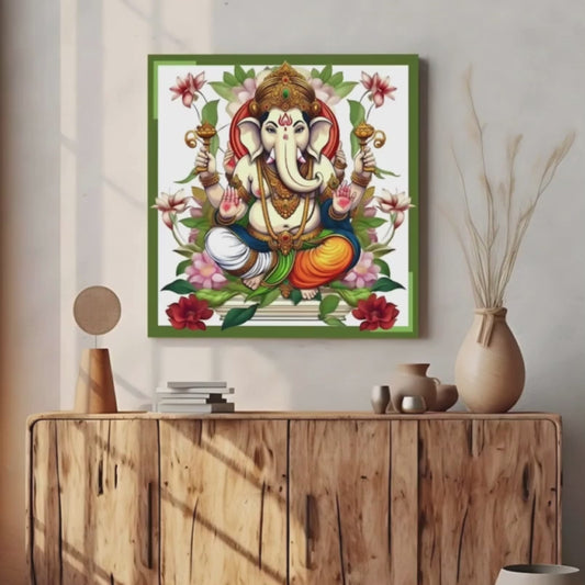 Ganesh Ji With Lotus Colorful Wood Print Wall Art