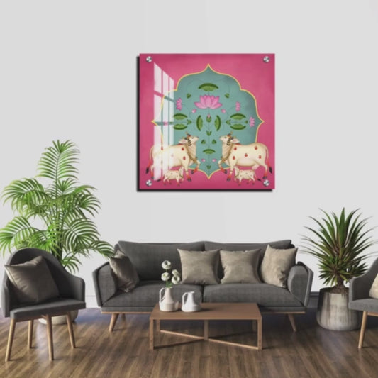 Sacred Cows Pink Pichwai Wood Print Wall Art Pink