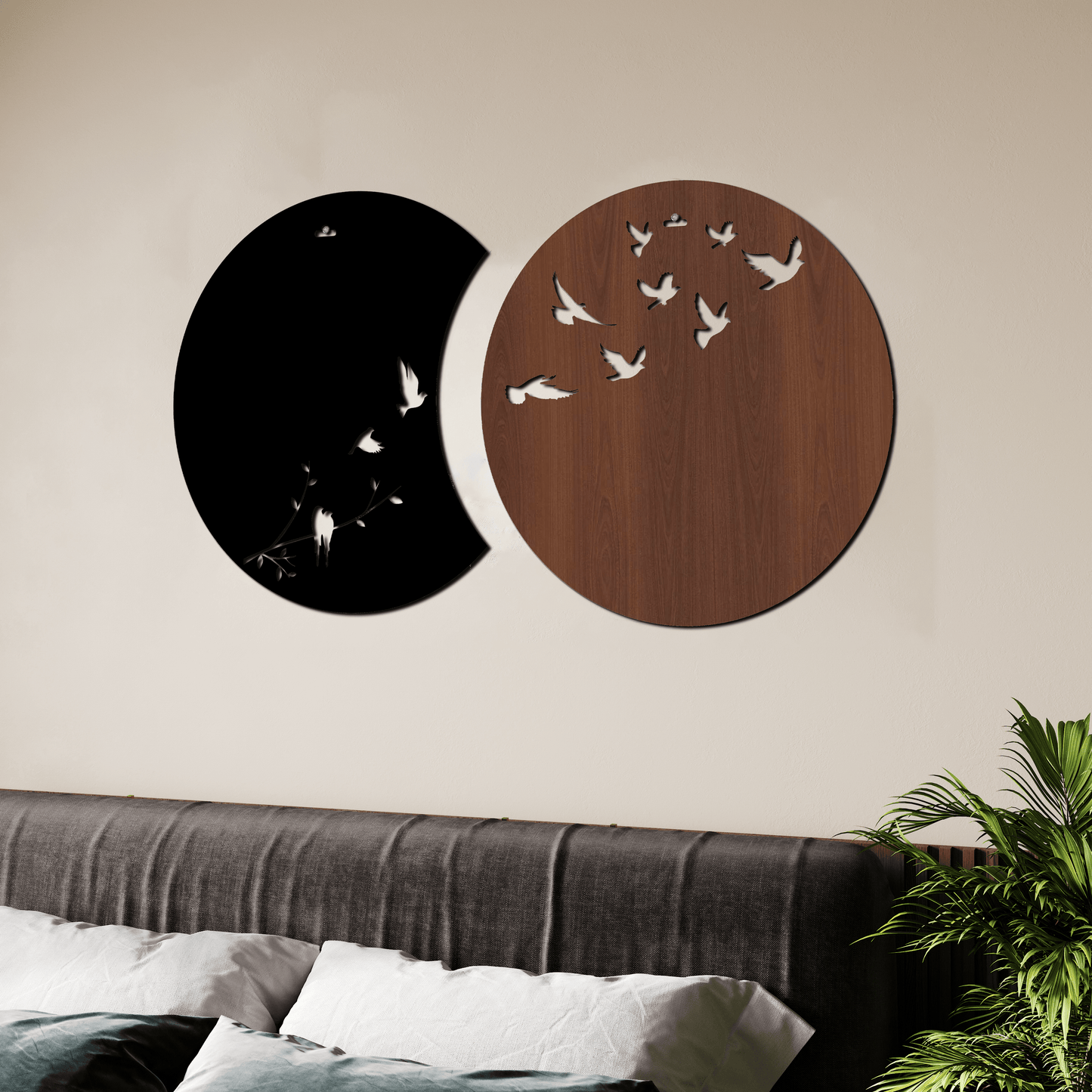 Flying Birds in Waning Gibbous and Full Moon Wooden Wall Art