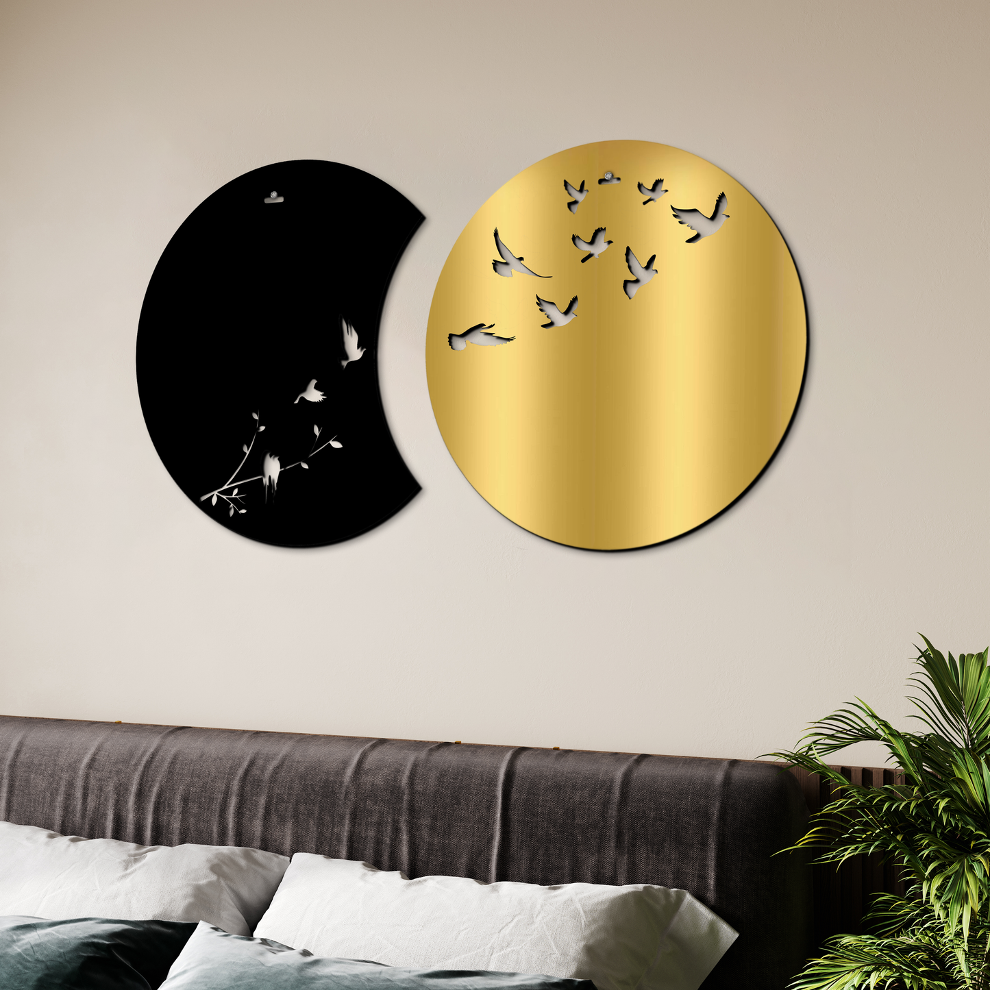 Flying Birds in Waning Gibbous and Full Moon Wooden Wall Art