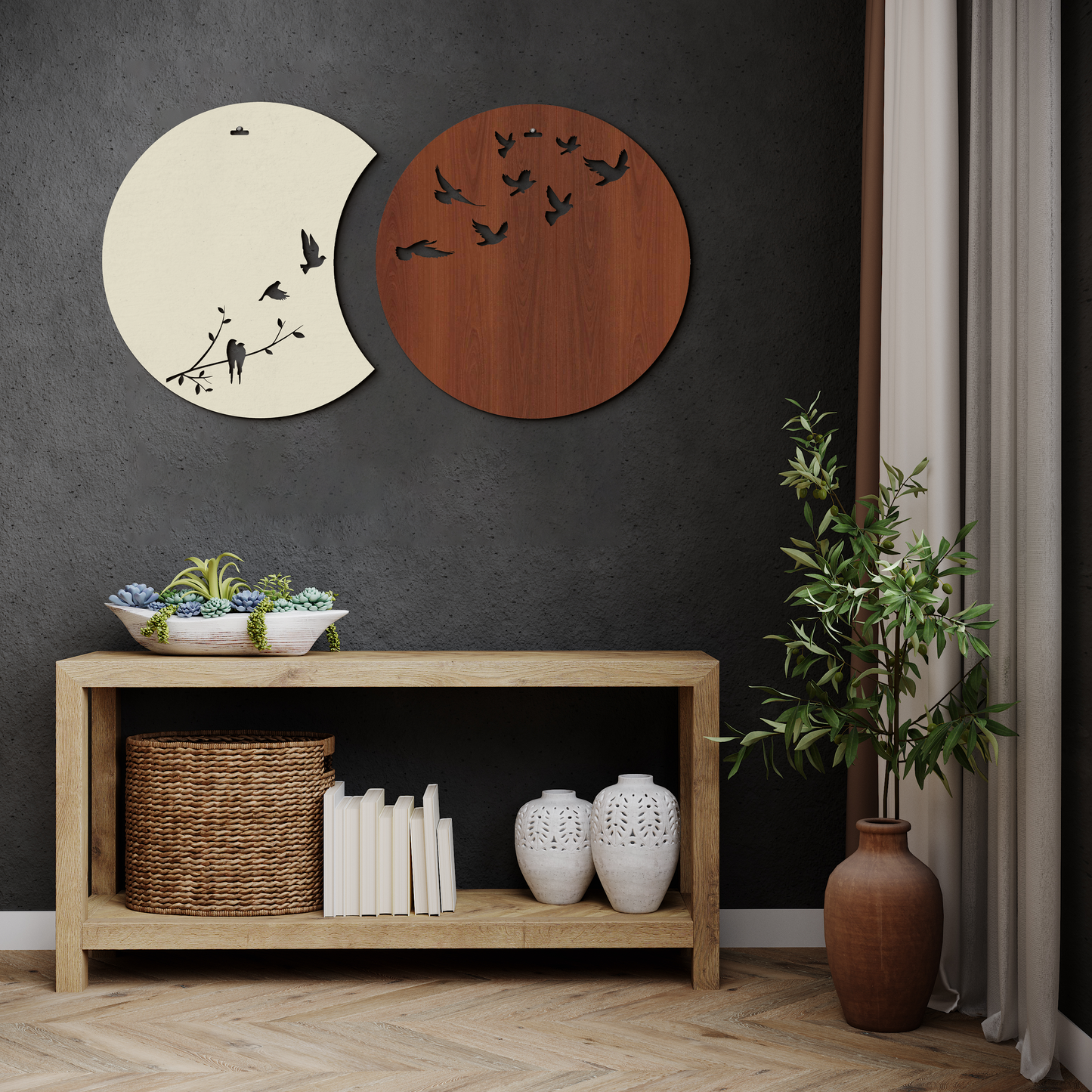 Flying Birds in Waning Gibbous and Full Moon Wooden Wall Art