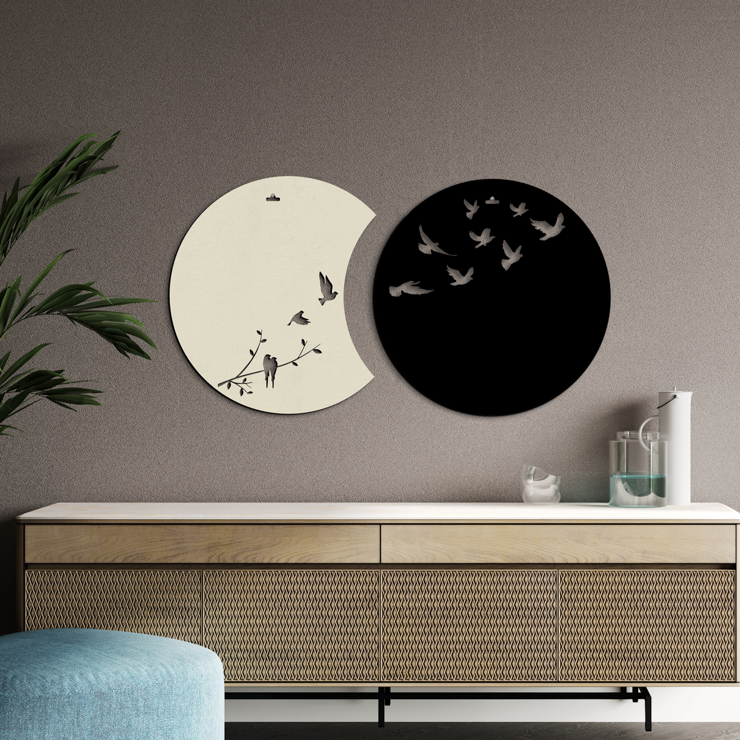 Flying Birds in Waning Gibbous and Full Moon Wooden Wall Art